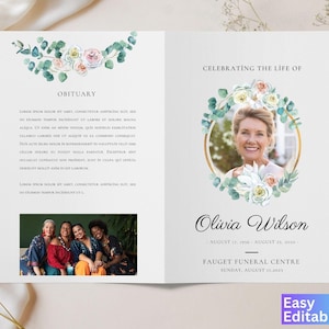 Editable Greenery Funeral Program Template | Instant Download Celebration of Life Brochure | In Loving Memory Obituary Printable