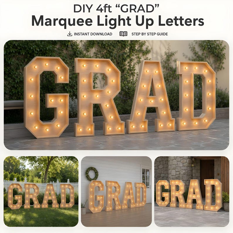 DIY 4ft GRAD Marquee Letters Blueprint | Giant Light Up Graduation Sign Bundle PDF | Wooden Decor