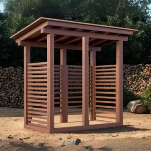 Puede incluir: Estructura de madera para exteriores con diseño de listones. Tiene forma rectangular y tejado inclinado. La madera es de color marrón rojizo cálido. Los lados están abiertos, lo que sugiere un cenador o refugio de jardín.