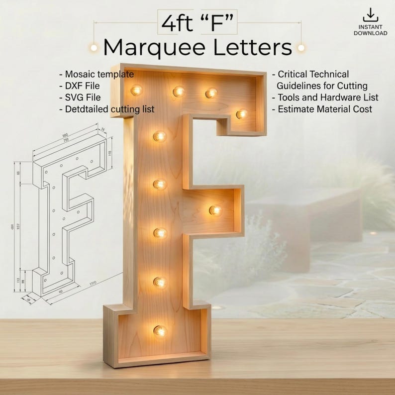 4ft Marquee Letter F Template PDF | Diy Giant Light Up Letter Svg, Dxf, Pdf Blueprint