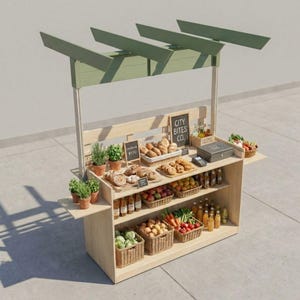 May include: A wooden market stall with a green pergola roof displays various baked goods, fruits, and vegetables. Baskets and shelves hold bread, pastries, apples, carrots, and more. The sign reads "City Bites Co."