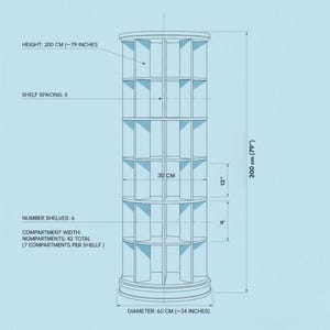 Peut inclure: Sch&eacute;ma d&eacute;taill&eacute; d'une biblioth&egrave;que cylindrique. La biblioth&egrave;que mesure 200 cm de haut et 60 cm de diam&egrave;tre. Elle comporte 6 &eacute;tag&egrave;res, chacune avec 7 compartiments. L'espacement des &eacute;tag&egrave;res est de 15 cm.
