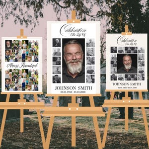 Modelli di set di cartelli per collage di foto funebri, modello di cartello di benvenuto per funerali, celebrazione della vita, in amorevole ricordo, formato poster commemorativo
