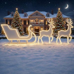 Op de afbeelding: Een feestelijke kerstscène met een groot huis versierd met lichtjes, twee verlichte rendieren en een slee. De scène speelt zich af in een besneeuwd landschap onder een sterrenhemel met een halve maan. Kerstbomen flankeren het huis.