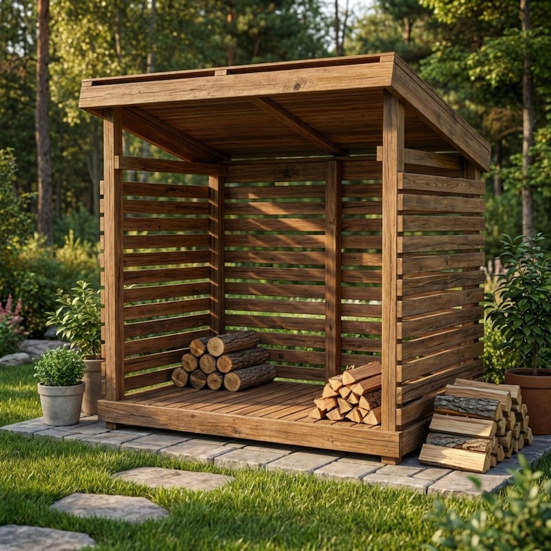 DIY Small Firewood Shed Plans PDF | Outdoor Log Storage Blueprint | Lean-To Wood Storage Shed | Garden Firewood Rack Woodworking Plan