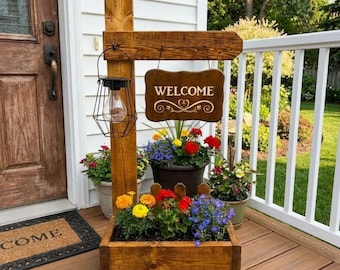 Plans de boîte de jardinière DIY pour plaque de bienvenue PDF | Support pour plantes en bois pour porche | Plan de menuiserie pour panier suspendu | Projet de décoration de jardin