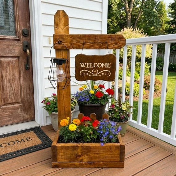 DIY Welcome Sign Planter Box Plans PDF | Front Porch Wooden Plant Stand | Hanging Basket Woodworking Blueprint | Garden Decor Project