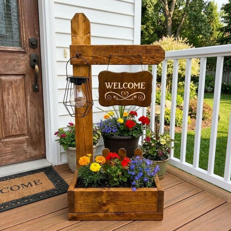 DIY Welcome Sign Planter Box Plans PDF | Front Porch Wooden Plant Stand | Hanging Basket Woodworking Blueprint | Garden Decor Project image 1