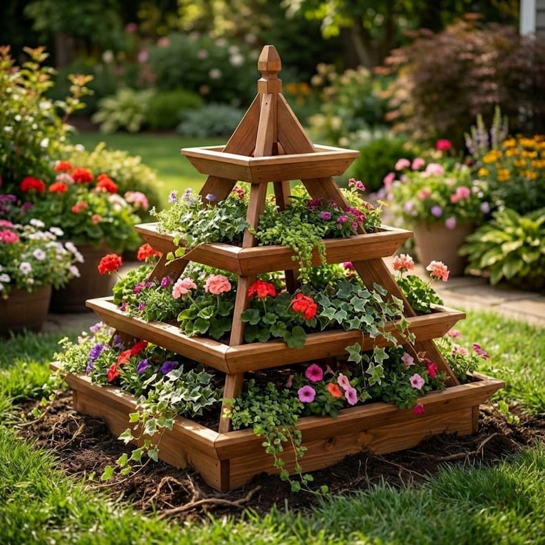 DIY Pyramid Strawberry Planter Plans | Wooden Strawberry Tower PDF | 4 Tier Planter Box Blueprint | Stacked Garden Bed