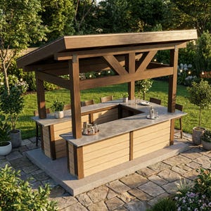 Puede incluir: Barra exterior con estructura de madera y encimera de color claro. La barra tiene un diseño en forma de U con un techo inclinado. La barra está rodeada de vegetación y está situada en un patio de piedra. La barra incluye taburetes y suministros para cócteles.