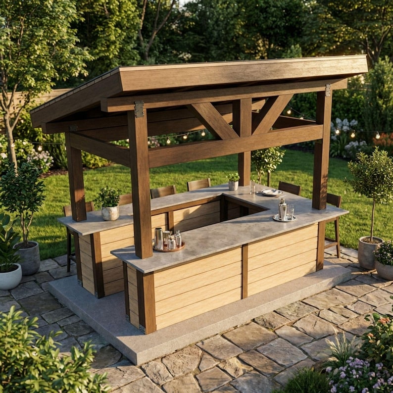 DIY Outdoor Kitchen Plans PDF | Backyard Bar Blueprint | Pergola with Bar Underneath | Back Yard BBQ Shack Build | Outside Bar Woodworking