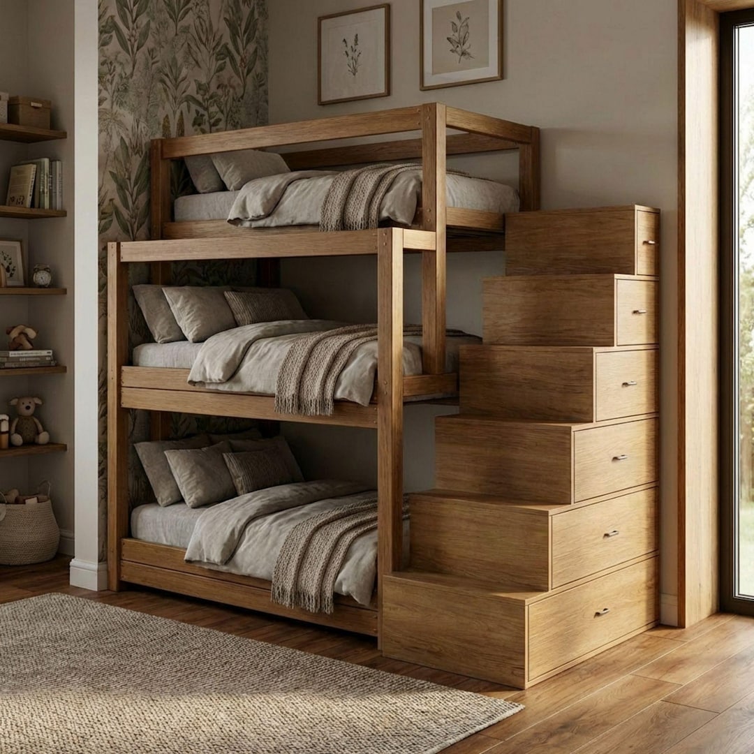 DIY Triple Bunk Bed Plans | 3 Tier Bunk Bed With Storage Stairs ...