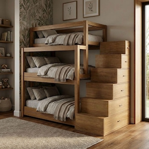 Doe-het-zelf plannen voor driedubbel stapelbed | Stapelbed van 3 niveaus met opbergtrap | Houten hoogslaper blauwdruk pdf