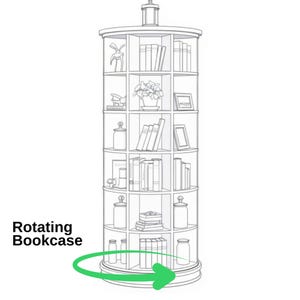 Peut inclure: Biblioth&egrave;que rotative &agrave; plusieurs &eacute;tag&egrave;res, remplie de livres, d'objets d&eacute;coratifs et de bocaux. La biblioth&egrave;que est cylindrique avec un dessus et une base circulaires. Le texte "Rotating Bookcase" est affich&eacute; sur le c&ocirc;t&eacute; gauche de l'image.