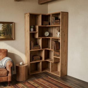 May include: A large, corner wooden bookshelf with multiple shelves, filled with books, a small clock, and decorative items. The bookshelf is made of light-colored wood and is placed in a room with a leather armchair, a small wooden side table, and a patterned rug.