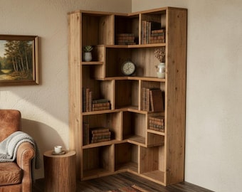 May include: A large, corner wooden bookshelf with multiple shelves, filled with books, a small clock, and decorative items. The bookshelf is made of light-colored wood and is placed in a room with a leather armchair, a small wooden side table, and a patterned rug.