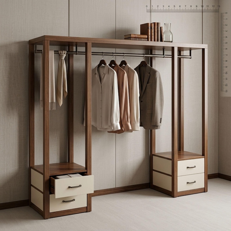DIY Open Wardrobe Plans PDF | Wooden Clothes Rack with Shelves | Bedroom Clothing Rack and Organizer | Closet Storage System