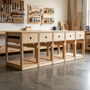 May include: A light-colored wooden workbench with multiple drawers and open shelving. The workbench is constructed from light-colored wood and features a series of drawers with black circular pulls. The design is functional and suitable for a workshop or craft space.
