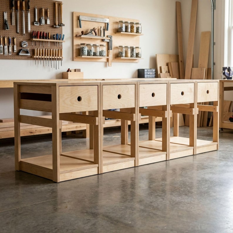DIY Workbench Plans with Drawers | Modular Work Table for Garage | Garage Work Bench Blueprints | Woodworking Table with Shelves