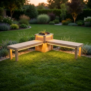 May include: A wooden outdoor bench with a built-in planter. The bench has two seating areas that extend from a central planter box. Warm lighting illuminates the bench and planter, set against a backdrop of a green lawn and garden.