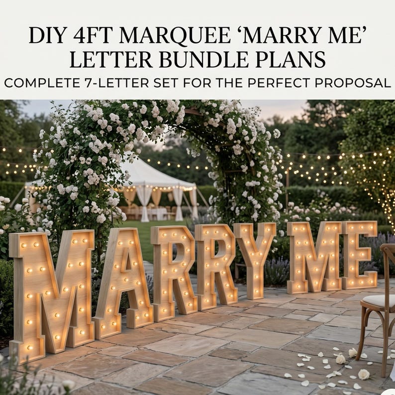 DIY 4ft Marry Me Marquee Letters Blueprint Plan | Giant Light Up Proposal Sign Bundle PDF | Wooden Wedding Decor