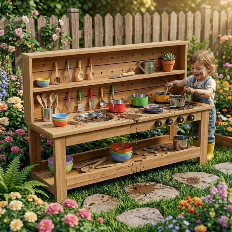 DIY Mud Kitchen Plans PDF | Outdoor Play Kitchen Blueprint | Large Montessori Pretend Play Station | Toddler Wooden Kitchen Build Guide