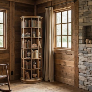 Peut inclure: Une biblioth&egrave;que ronde en bois remplie de livres de diff&eacute;rentes tailles et couleurs. La biblioth&egrave;que se trouve dans une pi&egrave;ce rustique avec des murs en bois et une chemin&eacute;e en pierre. La pi&egrave;ce d&eacute;gage une ambiance chaleureuse et traditionnelle.