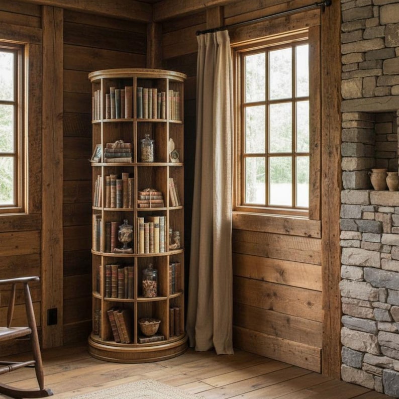 Peut inclure: Une biblioth&egrave;que ronde en bois remplie de livres de diff&eacute;rentes tailles et couleurs. La biblioth&egrave;que se trouve dans une pi&egrave;ce rustique avec des murs en bois et une chemin&eacute;e en pierre. La pi&egrave;ce d&eacute;gage une ambiance chaleureuse et traditionnelle.