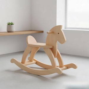 May include: A wooden rocking horse with a light natural finish. The horse features a seat, backrest, and curved rockers. The horse is made of wood and is designed for children. The rocking horse is a classic toy.