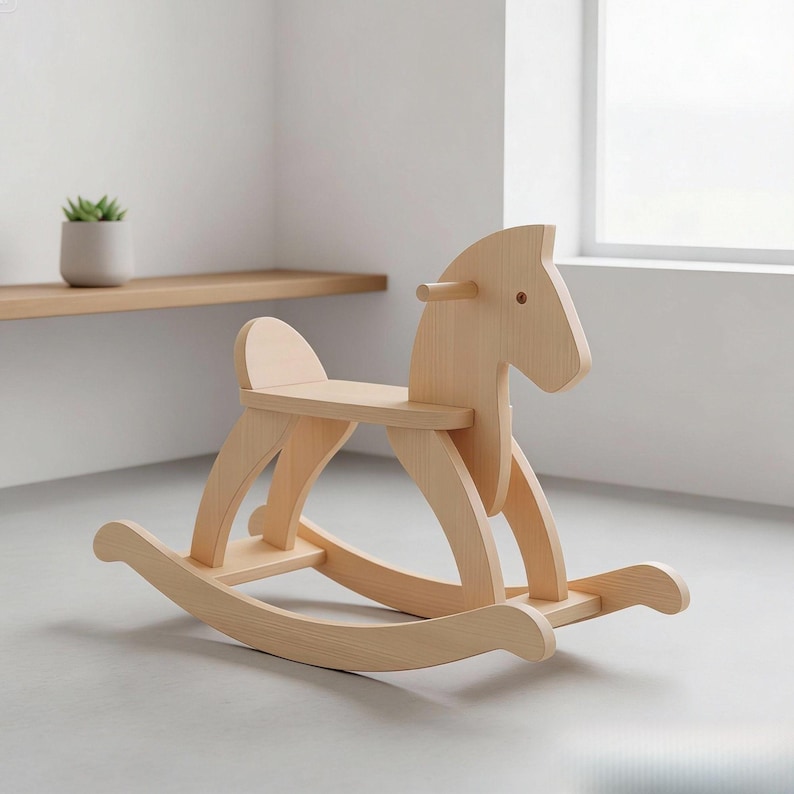 May include: A wooden rocking horse with a light natural finish. The horse features a seat, backrest, and curved rockers. The horse is made of wood and is designed for children. The rocking horse is a classic toy.