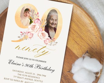 Vintage Einladung zum 90. Geburtstag | Erinnerungsfoto (Digital)