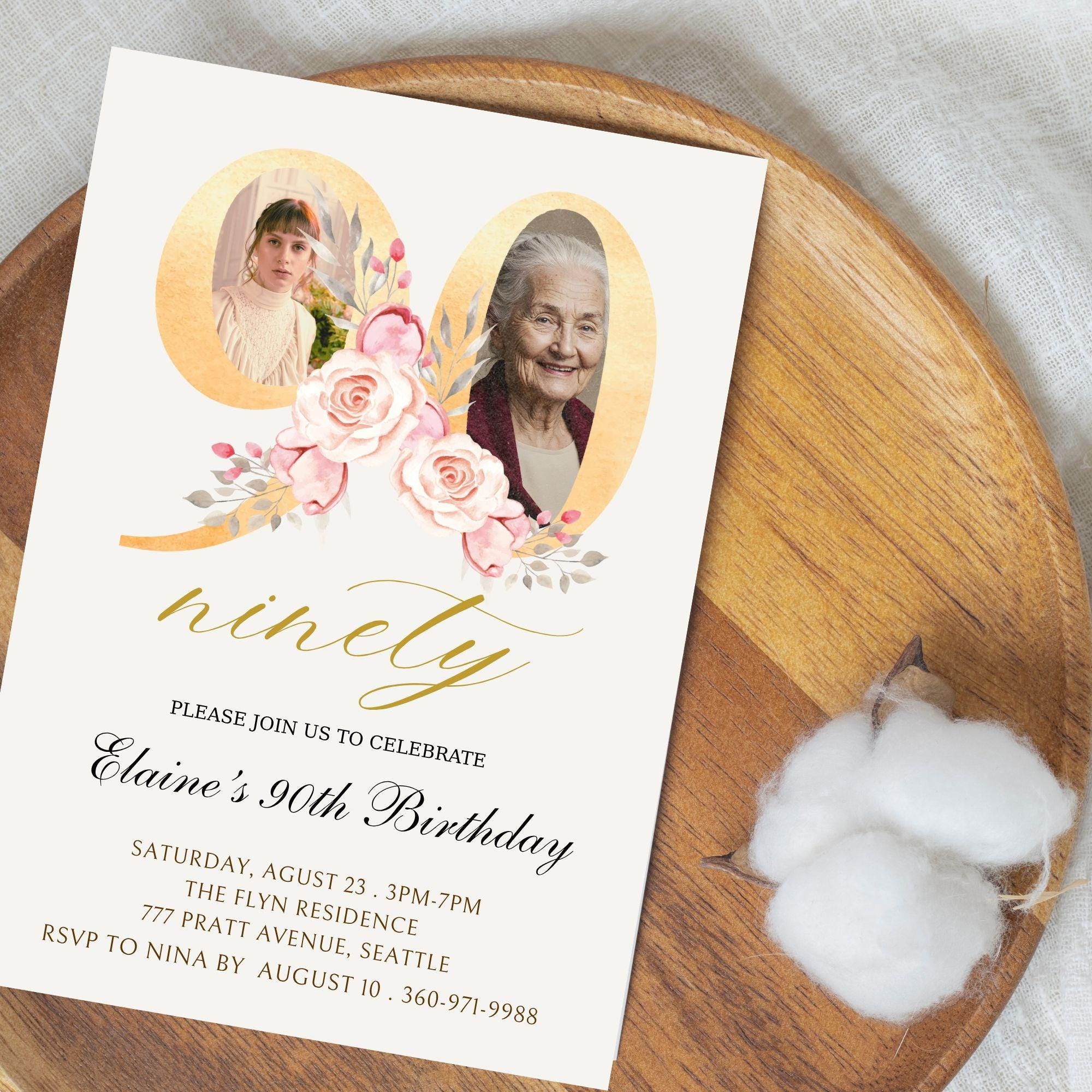 Floral 90th Birthday Invitation | Photo Keepsake (Digital) - Hot Dog Cart - Cart for Business DIY Plans