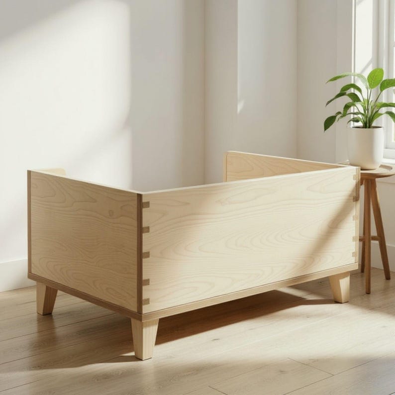 K&ouml;nnte beinhalten: Ein helles Holzbettchen mit rechteckiger Form. Das Bettchen hat ein schlichtes Design mit sichtbarer Holzmaserung und Schwalbenschwanzverbindungen. Es steht auf vier kurzen Beinen und befindet sich in einem Raum mit nat&uuml;rlichem Licht.