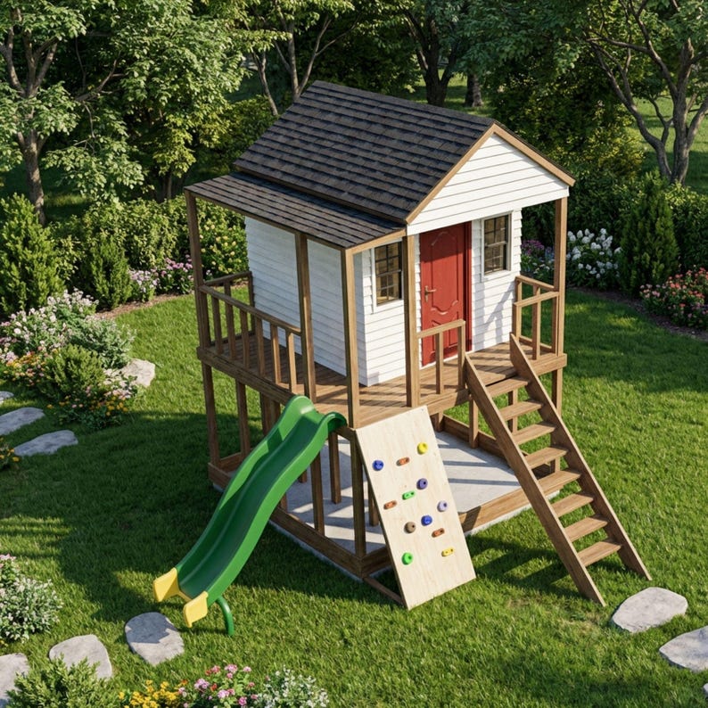 DIY Kids Playhouse Plans | Outdoor Lofted Playhouse PDF | 2 Story Wooden Clubhouse Build | Treehouse Blueprint | Playground Fort Plans