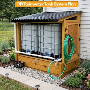 May include: A DIY Rainwater Tank System Plan featuring two large translucent plastic water tanks housed within a wooden frame structure with a black corrugated metal roof. A white PVC pipe system connects the tanks, and a green garden hose hangs.