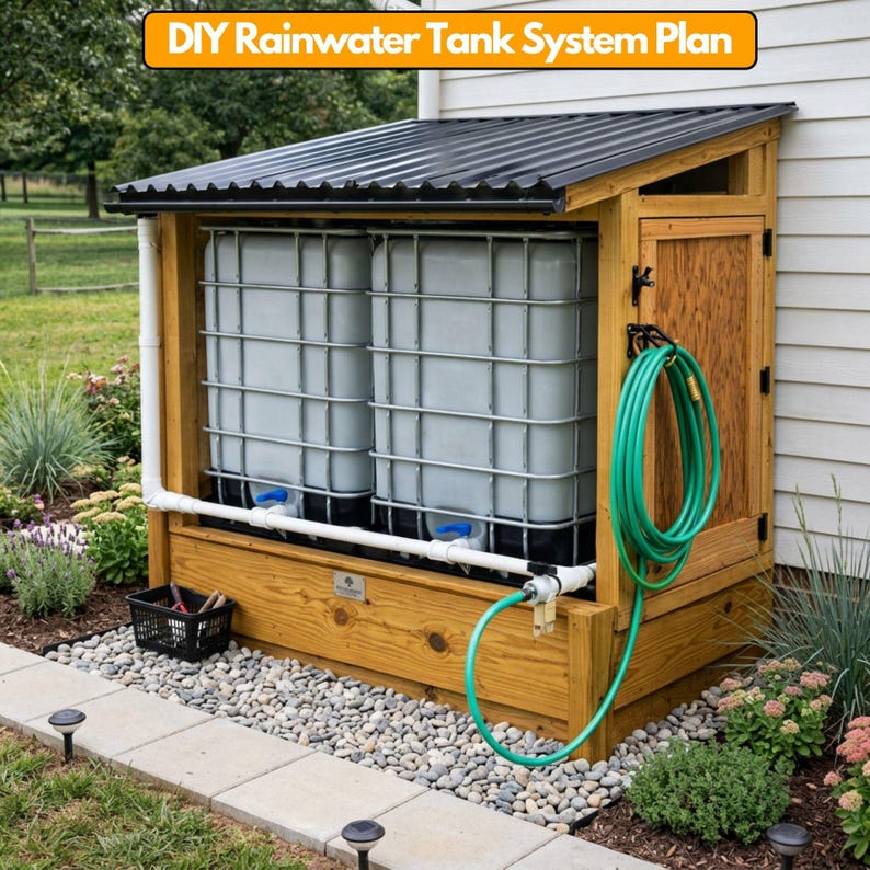 DIY Rainwater Collection System for Garden | IBC Tote Tank Enclosure Plans PDF | Rainwater Harvesting Shed | Wood Water Storage Stand