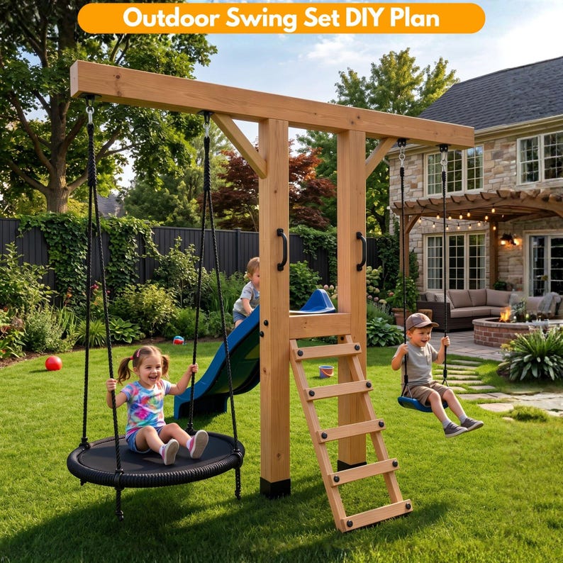 DIY Swing Set with Slide Plans | Space Saving Wooden Playset PDF | Modern Backyard Jungle Gym Blueprint | Saucer Swing Frame Build Guide