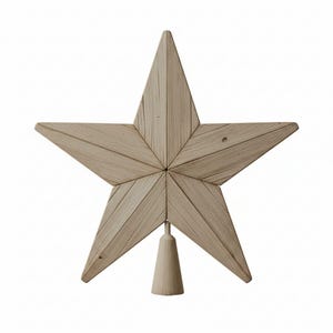 以下が含まれることがあります： 木製の星型のクリスマスツリーのトップ。星は、5つのポイントを形成するように配置された明るい色の木板で構成されています。小さな円錐形のピースが下部に取り付けられており、木に取り付けられます。