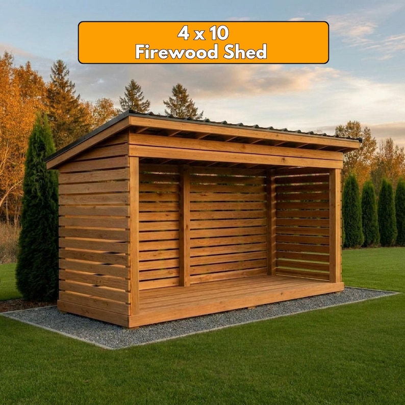 4x10 Firewood Shed DIY Plans PDF | Wood Storage Rack Blueprint | Large Dry Wood Shelter