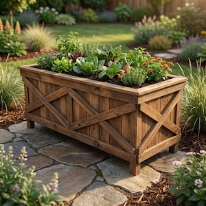 May include: A rectangular wooden raised garden bed filled with various green and orange plants. The bed has a rustic design with crisscross accents on the sides and is placed on a stone patio. The background features a lush garden.