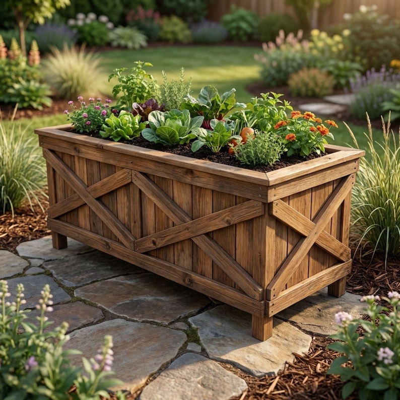 DIY Raised Planter Bed Plans PDF | Wooden Elevated Garden Box Blueprint | Rustic Barn Door Planter | Vegetable Garden Bed Woodworking