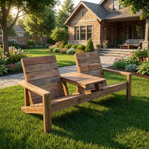 May include: A wooden outdoor bench with two attached chairs and a small table in the middle. The bench is made of light brown wood and is set on a green lawn in front of a house with a garden.