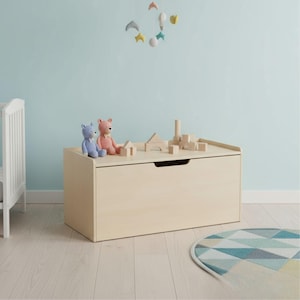May include: A light-coloured wooden toy chest with a recessed handle. The top of the chest holds wooden blocks and two stuffed animals. A mobile hangs above the chest, and a patterned rug is on the floor.