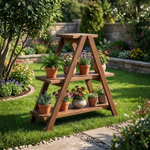 May include: A dark brown wooden plant stand with three shelves, displaying several potted plants. The triangular stand is set on a lawn. The terracotta pots contain plants with colourful flowers and green leaves. The stand's dimensions are approximately 76 cm high.