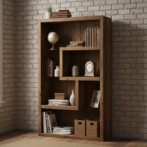 May include: A wooden bookcase with a rustic design, filled with books, ornaments, and a small globe. The bookcase is made of light brown wood and is set against a brick wall. The shelves display books, vases, and small boxes, creating a cozy, lived-in feel.