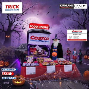May include: A Halloween-themed display with a Costco Wholesale trunk-or-treat setup. The scene includes a car trunk filled with candy, a wizard, and children in costumes. The display features the text "Trick or Treat" and "Food Court."
