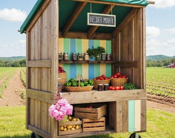 Planos de puestos de granja / Puesto de flores móvil / Exhibición de mercado de agricultores / Puestos de frutas y verduras en carretera / Planos de carritos de panadería