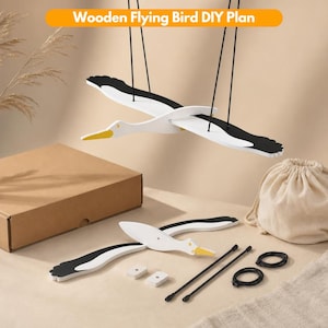DIY-ritningar för mobiler i trä med flygande fågel i PDF-format | Mall för träbearbetning med kinetisk konst | Mönster för barnrumsdekor | Hantverksprojekt med fågel i trä