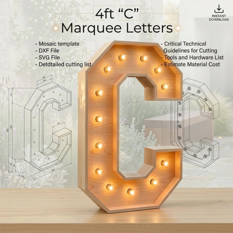 4ft Marquee Letter C Template PDF | Diy Giant Light Up Letter Svg, Dxf, Pdf Blueprint