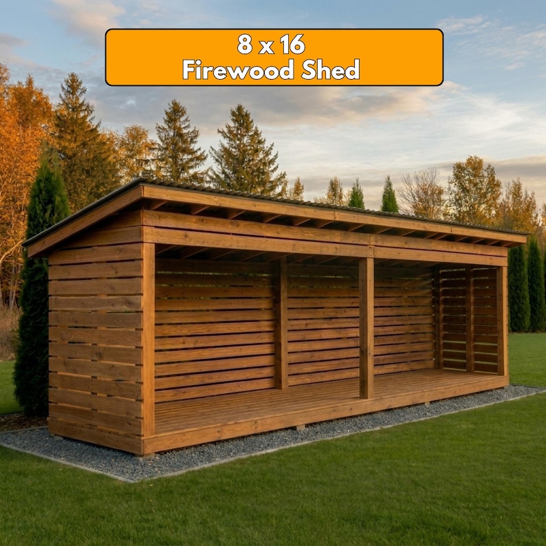 8x16 Firewood Shed DIY Plans PDF | 2 Cord Wood Storage Rack Blueprint | Extra Large Dry Wood Shelter